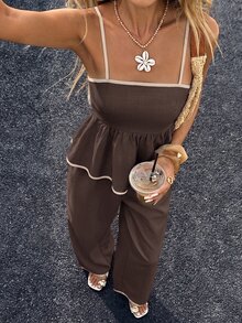 Siren Gaze Women's Summer Casual Jamican Holiday Style Contrast Trim Ruffle Hem Camisole And Wide Leg Pants 2 Pieces Set Holiday Vacation Dark Brown - Coffee Brown - View 5