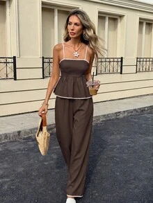 Siren Gaze Women's Summer Casual Jamican Holiday Style Contrast Trim Ruffle Hem Camisole And Wide Leg Pants 2 Pieces Set Holiday Vacation Dark Brown - Coffee Brown - View 4