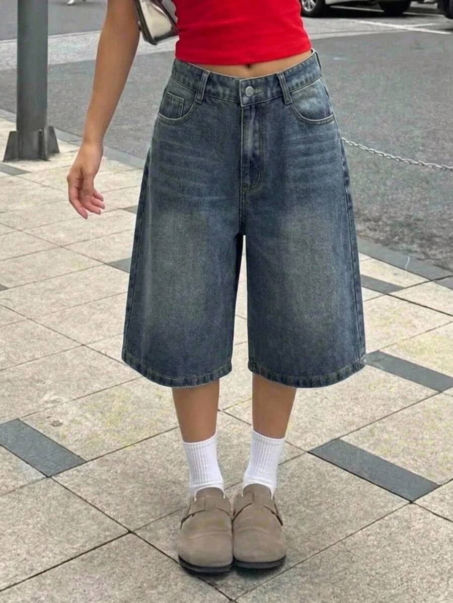 SHEIN Teen Girl Y2K Retro Washed Pocket Design Loose Bermuda Denim Shorts, Suitable For Summer Chill, School, Campus, College, Suitable For Spring And Summer Boho, Season Vintage//Beach/Sea/Elegant Graduation - Dark Wash - View 1