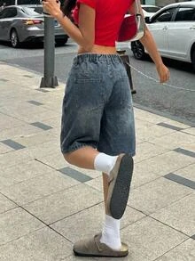 SHEIN Teen Girl Y2K Retro Washed Pocket Design Loose Bermuda Denim Shorts, Suitable For Summer Chill, School, Campus, College, Suitable For Spring And Summer Boho, Season Vintage//Beach/Sea/Elegant Graduation - Dark Wash - View 2