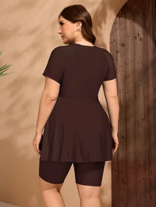 SHEIN Swim 大码女士布基尼套装，侧边褶皱吊带泳衣，石板蓝 - 棕色 - 查看 4