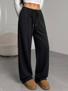 SHEIN EZwear 女款休閒運動風舒適黑色運動長褲，適合秋冬健身房穿著 - 黑色 - 查看 3
