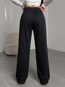 SHEIN EZwear 女款休閒運動風舒適黑色運動長褲，適合秋冬健身房穿著 - 黑色 - 查看 2