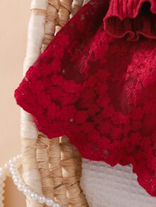 SHEIN 女嬰針織圓領拼色梭織網眼下擺休閒洋裝 - 紅色 - 查看 7