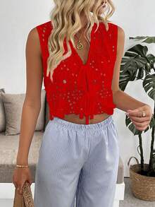 Pariaura Women's Lace Hollow-Out Embroidered Sleeveless Elegant Tank Top - Red - View 4