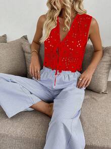 Pariaura Women's Lace Hollow-Out Embroidered Sleeveless Elegant Tank Top - Red - View 7
