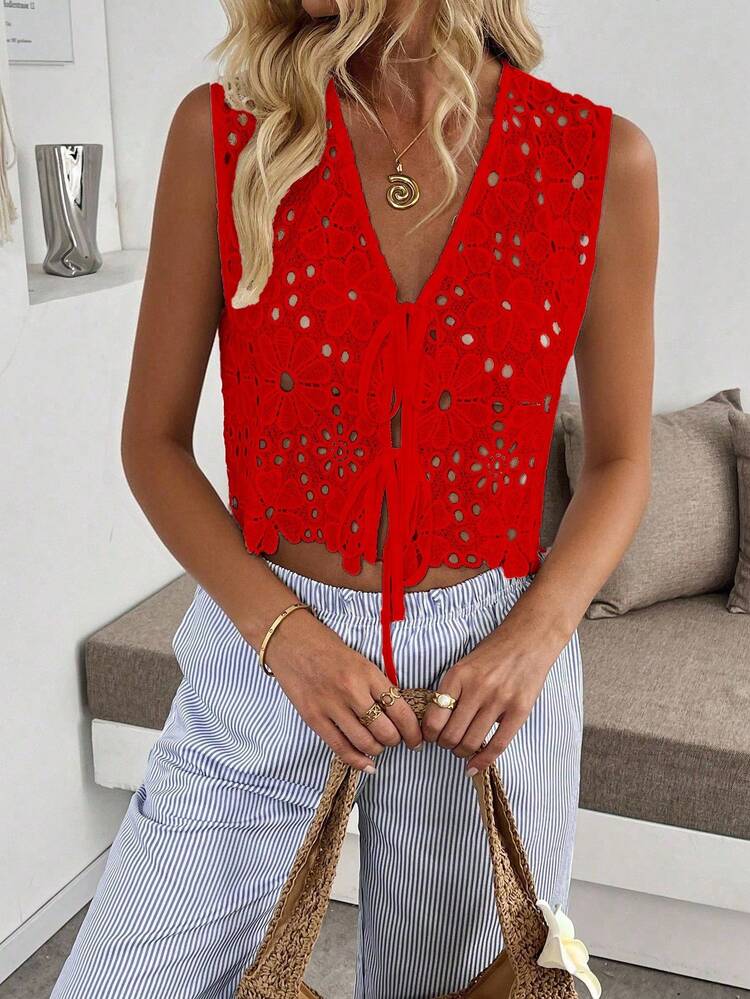 Pariaura Women's Lace Hollow-Out Embroidered Sleeveless Elegant Tank Top - Red - View 6
