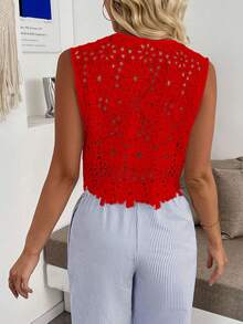 Pariaura Women's Lace Hollow-Out Embroidered Sleeveless Elegant Tank Top - Red - View 2