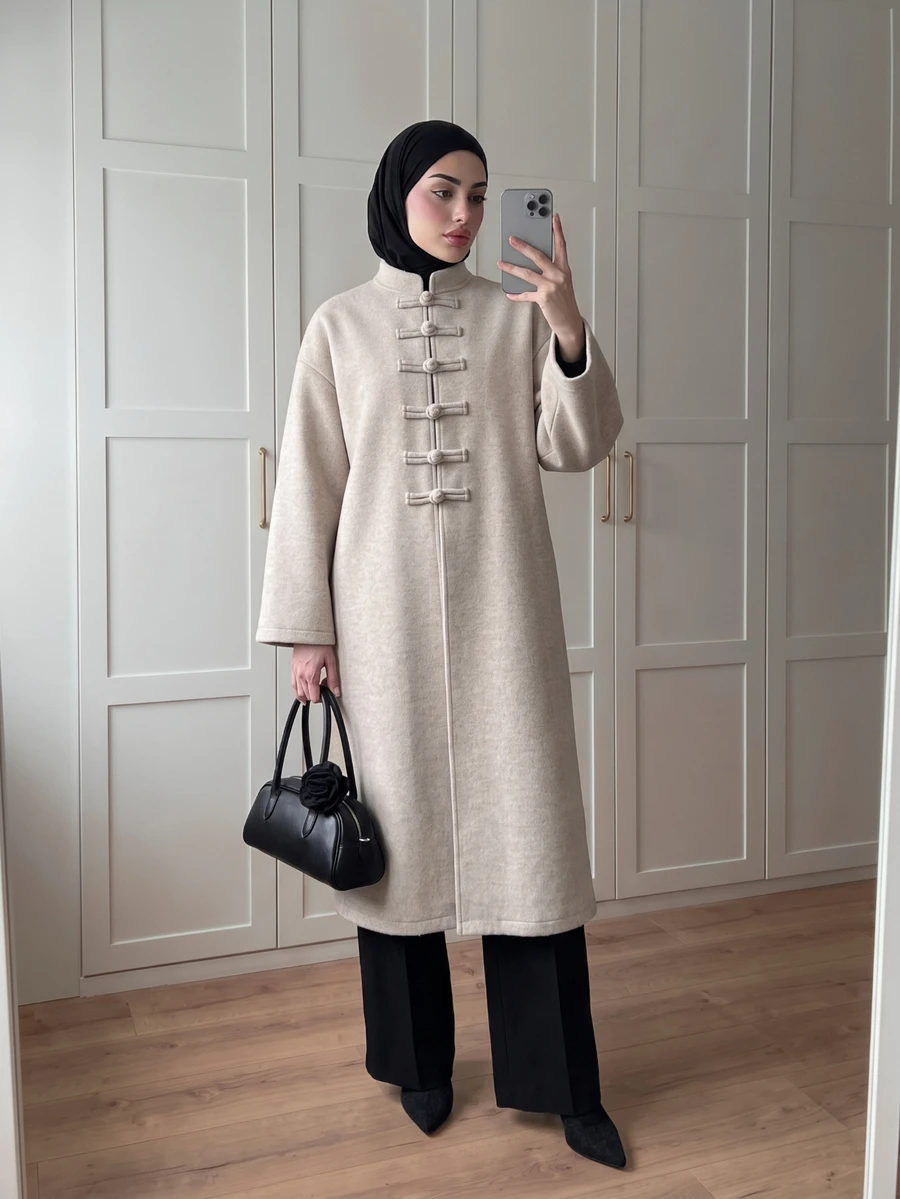 Celisse جاكيت نسائي بأكمام طويلة وياقة واقفة وأزرار على شكل ضفدع بقصة مستقيمة، كاجوال متعدد الاستخدامات للخريف/الشتاء - لون مشمشي - مشاهدة 1