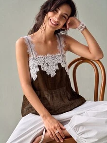 SoleilVie Women's Elegant Lace Patchwork Textured Crinkled Fabric Sheer Tank Top, Suitable For Vacation, Beach, Holiday Outfits - Coffee Brown - View 1