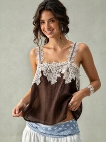 SoleilVie Women's Elegant Lace Patchwork Textured Crinkled Fabric Sheer Tank Top, Suitable For Vacation, Beach, Holiday Outfits - Coffee Brown - View 6