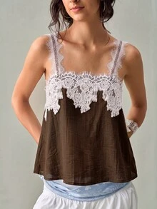 SoleilVie Women's Elegant Lace Patchwork Textured Crinkled Fabric Sheer Tank Top, Suitable For Vacation, Beach, Holiday Outfits - Coffee Brown - View 2