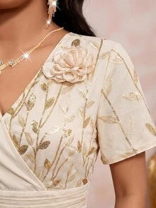 SHEIN Lady 优雅的春、夏、秋、冬派对礼服；情人节/音乐会/音乐节礼服；卡其色撞色亮片连衣裙；A字连衣裙；大码优雅花卉刺绣收腰杏色连衣裙；派对礼服；优雅女士连衣裙；夏季连衣裙；碎花连衣裙；度假装；女士生日礼服；狂欢节服装；沙滩婚礼礼服。 - 杏色 - 查看 8