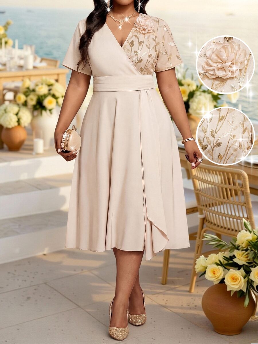 SHEIN Lady 优雅的春、夏、秋、冬派对礼服；情人节/音乐会/音乐节礼服；卡其色撞色亮片连衣裙；A字连衣裙；大码优雅花卉刺绣收腰杏色连衣裙；派对礼服；优雅女士连衣裙；夏季连衣裙；碎花连衣裙；度假装；女士生日礼服；狂欢节服装；沙滩婚礼礼服。