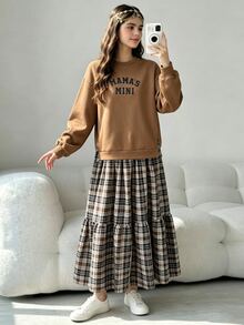 SHEIN Teen Girl Casual College Style Round Neck Thermal Lined Letter Print Hem Plaid Patchwork Long Sleeve Dress, Suitable For Autumn/Winter, Suitable For Outings, Commuting, Friends Gathering - Brown - View 8