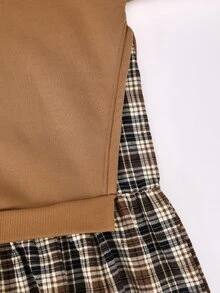 SHEIN Teen Girl Casual College Style Round Neck Thermal Lined Letter Print Hem Plaid Patchwork Long Sleeve Dress, Suitable For Autumn/Winter, Suitable For Outings, Commuting, Friends Gathering - Brown - View 4