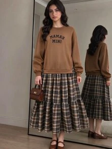 SHEIN Teen Girl Casual College Style Round Neck Thermal Lined Letter Print Hem Plaid Patchwork Long Sleeve Dress, Suitable For Autumn/Winter, Suitable For Outings, Commuting, Friends Gathering - Brown - View 1