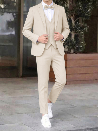 SHEIN 3pcs Kids Tween Boy Summer Spring Autumn Winter College Style Cute Casual Apricot Suit Jacket Vest Casual Long Pants Dress Pants Gentleman Outfit Set Suitable For Birthday Party, Formal Long Pants Set, Evening Party, Performance, Wedding
