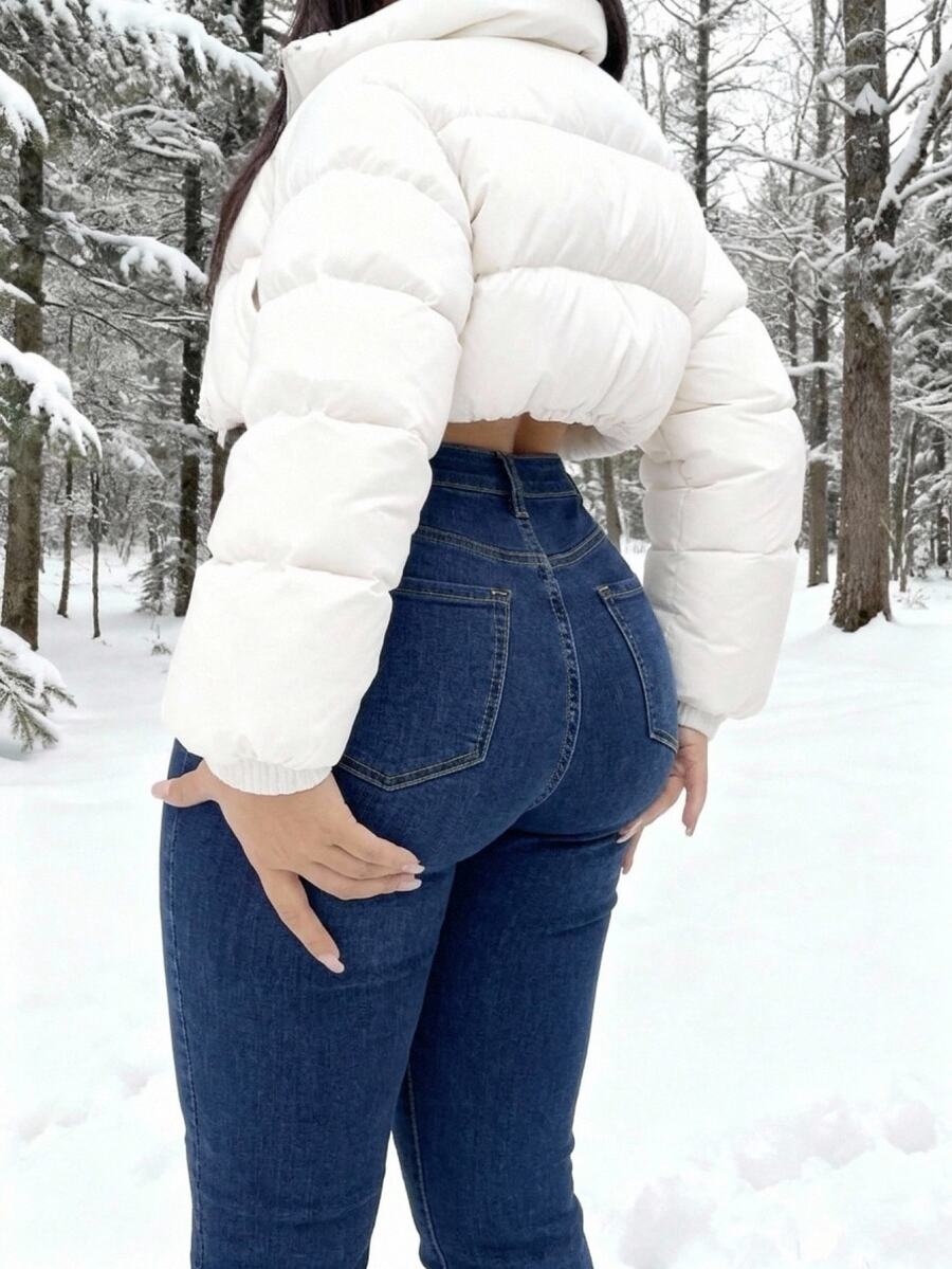 SHEIN EZwear بنطلون جينز ضيق بخصر عالي للنساء بمقاسات كبيرة، مزود بجيوب وإغلاق بأزرار وتصميم مبطن بالماس، مناسب للارتداء اليومي والخروجات والحفلات