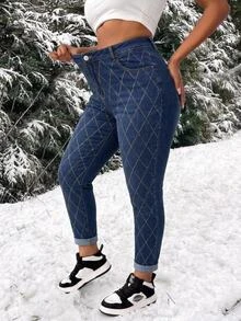 SHEIN EZwear بنطلون جينز ضيق بخصر عالي للنساء بمقاسات كبيرة، مزود بجيوب وإغلاق بأزرار وتصميم مبطن بالماس، مناسب للارتداء اليومي والخروجات والحفلات - أزرق داكن - مشاهدة 4