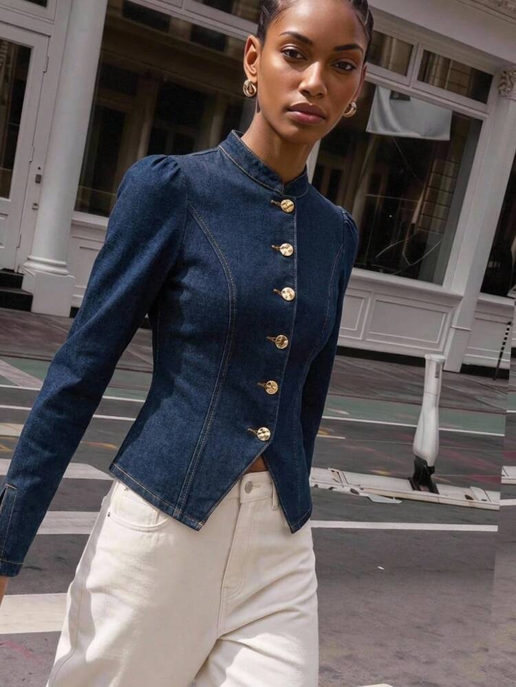 Maija Women's Mandarin Collar Peplum Denim Blouse With Metal Button Front, Elegant Tailored Fit - Dark Wash - View 3