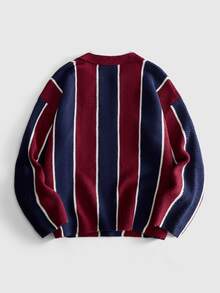 ROMWE MEN Street Life Men's Plus Size Knit Sweater, Turn Collar, Football Sports Style, Retro Streetwear - Burgundy - View 2