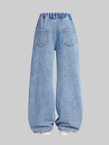 SHEIN Genkimix Kids 女童秋季棉質水洗百搭時尚休閒舒適寬鬆設計，3D蝴蝶結毛巾刺繡，鬆緊腰帶附抽繩，適合四季、度假、返校季，藍色水洗寬鬆寬腿牛仔褲 - 淺色水洗藍 - 查看 6