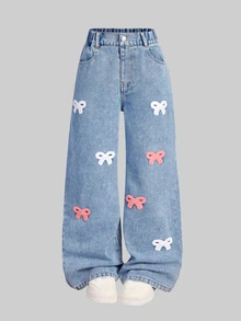 SHEIN Genkimix Kids 女童秋季棉質水洗百搭時尚休閒舒適寬鬆設計，3D蝴蝶結毛巾刺繡，鬆緊腰帶附抽繩，適合四季、度假、返校季，藍色水洗寬鬆寬腿牛仔褲 - 淺色水洗藍 - 查看 8