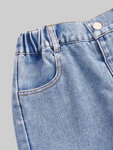 SHEIN Genkimix Kids 女童秋季棉質水洗百搭時尚休閒舒適寬鬆設計，3D蝴蝶結毛巾刺繡，鬆緊腰帶附抽繩，適合四季、度假、返校季，藍色水洗寬鬆寬腿牛仔褲 - 淺色水洗藍 - 查看 9