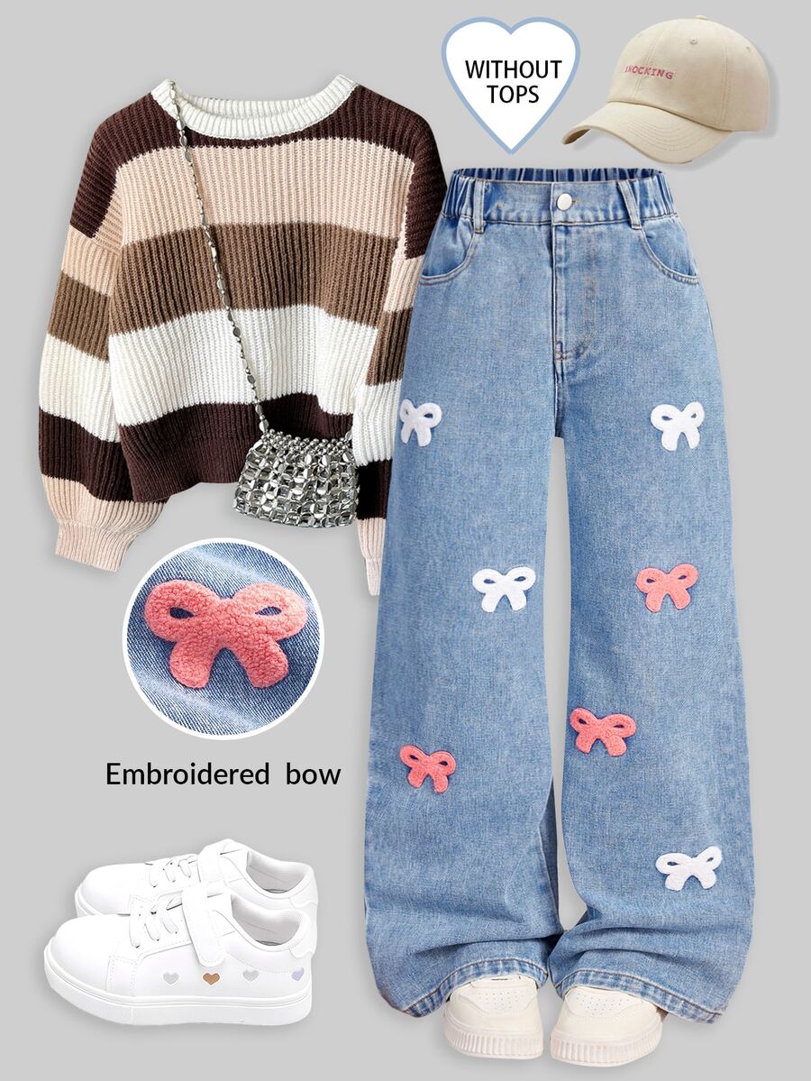 SHEIN Genkimix Kids 女童秋季棉質水洗百搭時尚休閒舒適寬鬆設計,3D蝴蝶結毛巾刺繡,鬆緊腰帶附抽繩,適合四季、度假、返校季,藍色水洗寬鬆寬腿牛仔褲 - 淺色水洗藍 - 查看 1
