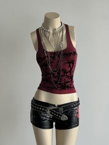 Elamini Women's Street Grunge Y2k Goth Subculture Letter Punk Print Tank Top Halloween Night Concert Dark Red Summer - Burgundy - View 7