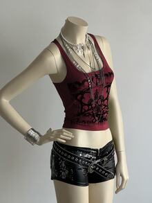 Elamini Women's Street Grunge Y2k Goth Subculture Letter Punk Print Tank Top Halloween Night Concert Dark Red Summer - Burgundy - View 3