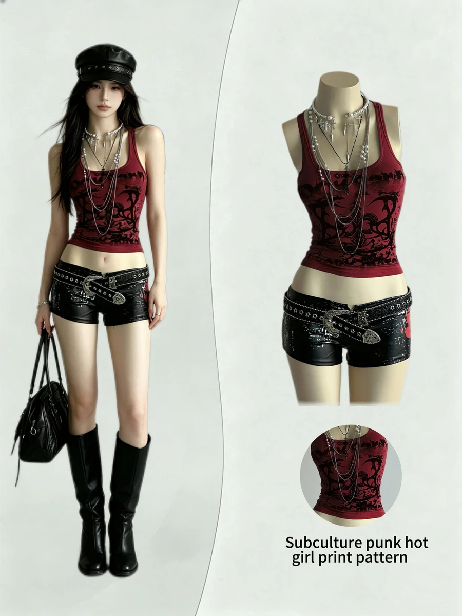 Elamini Women's Street Grunge Y2k Goth Subculture Letter Punk Print Tank Top Halloween Night Concert Dark Red Summer - Burgundy - View 1