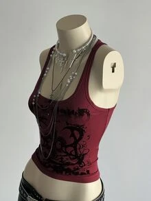 Elamini Women's Street Grunge Y2k Goth Subculture Letter Punk Print Tank Top Halloween Night Concert Dark Red Summer - Burgundy - View 4