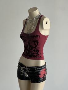 Elamini Women's Street Grunge Y2k Goth Subculture Letter Punk Print Tank Top Halloween Night Concert Dark Red Summer - Burgundy - View 5