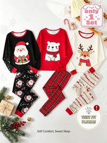 SHEIN Tween Girl Autumn/Winter Christmas Pajamas Snug Fit Long Sleeve Pants Bear Tight Pajama - Red - View 8