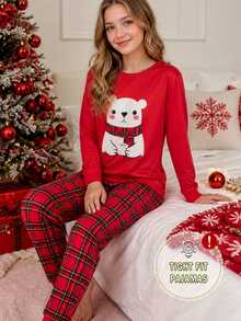 SHEIN Tween Girl Autumn/Winter Christmas Pajamas Snug Fit Long Sleeve Pants Bear Tight Pajama - Red - View 3