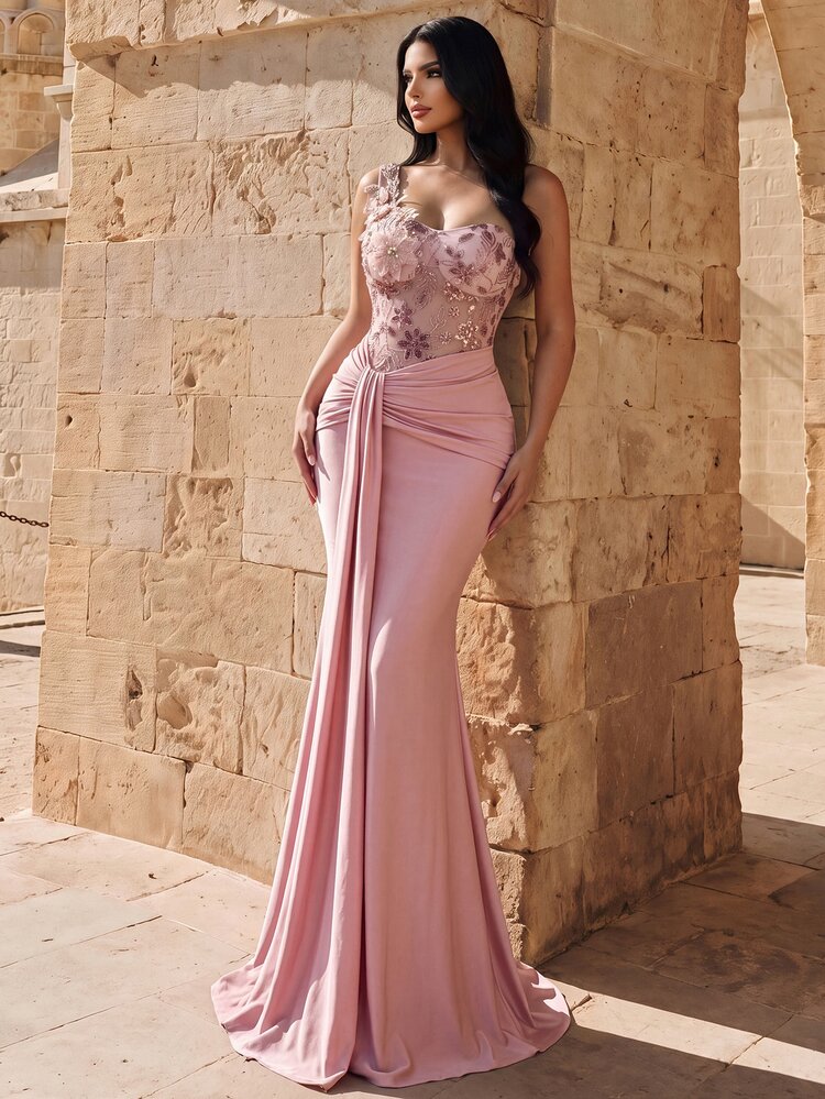 Elovaire Women's One Shoulder V-Neck 3D Applique Asymmetrical Pleated Drape Fitted Mermaid Long Dress Prom Formal Light Blue Fall Formal Romantic - Pink - View 4