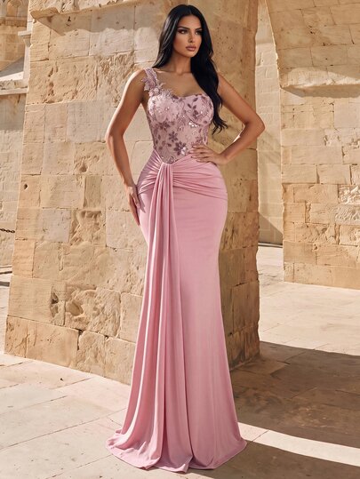 Elovaire Women's One Shoulder V-Neck 3D Applique Asymmetrical Pleated Drape Fitted Mermaid Long Dress Prom Formal Light Blue Fall Formal Romantic