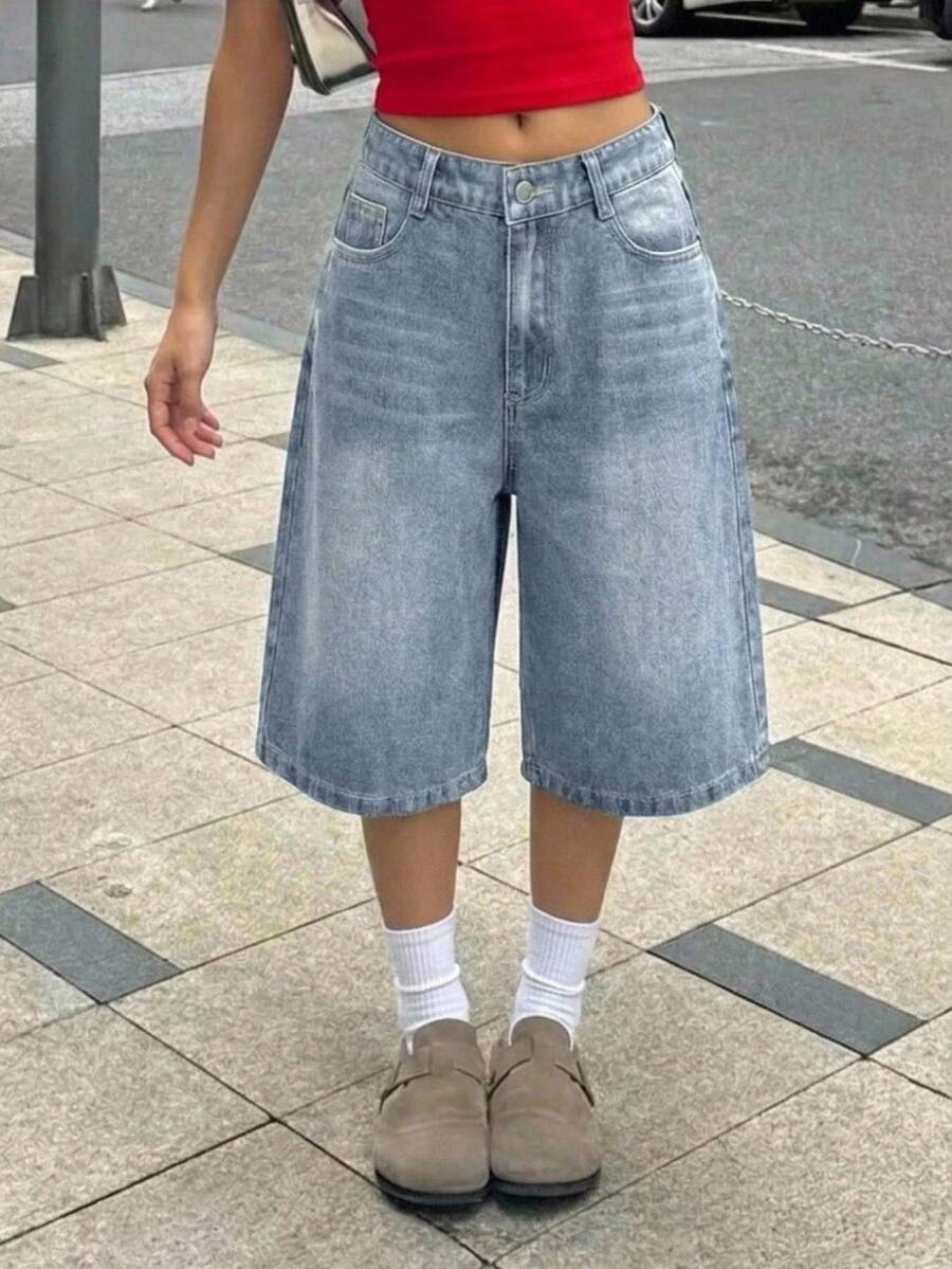 SHEIN Teen Girl Y2K Retro Washed Pocket Design Loose Bermuda Denim Shorts, Suitable For Summer Chill, School, Campus, College, Suitable For Spring And Summer Boho, Season Vintage//Beach/Sea/Elegant Graduation - Light Wash - View 1
