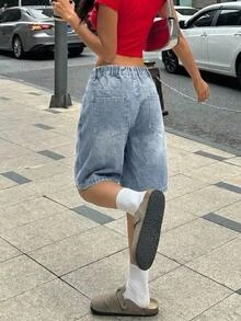 SHEIN Teen Girl Y2K Retro Washed Pocket Design Loose Bermuda Denim Shorts, Suitable For Summer Chill, School, Campus, College, Suitable For Spring And Summer Boho, Season Vintage//Beach/Sea/Elegant Graduation - Light Wash - View 2