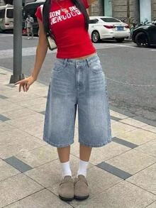 SHEIN Teen Girl Y2K Retro Washed Pocket Design Loose Bermuda Denim Shorts, Suitable For Summer Chill, School, Campus, College, Suitable For Spring And Summer Boho, Season Vintage//Beach/Sea/Elegant Graduation - Light Wash - View 3