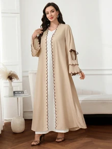 Mulvari Women's Loose Fit Abaya With Curved Cuff And Knot Design - Khaki - View 5