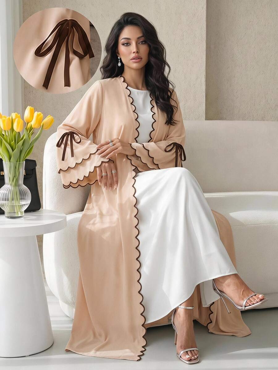 Mulvari Women's Loose Fit Abaya With Curved Cuff And Knot Design - Khaki - View 1