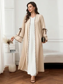 Mulvari Women's Loose Fit Abaya With Curved Cuff And Knot Design - Khaki - View 3