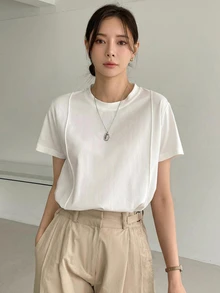 Dazy-Less Solid Seam Detail Tee Old Money Style Business Casual Woman Work Clothes - White - View 14