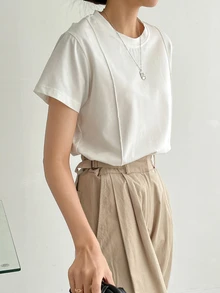 Dazy-Less Solid Seam Detail Tee Old Money Style Business Casual Woman Work Clothes - White - View 8