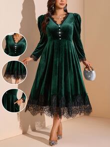 Comfylo Plus Size Women's Contrast Lace V-Neck Button Design Elegant Dress Fall - Dark Green - View 3