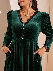 Comfylo Plus Size Women's Contrast Lace V-Neck Button Design Elegant Dress Fall - Dark Green - View 5