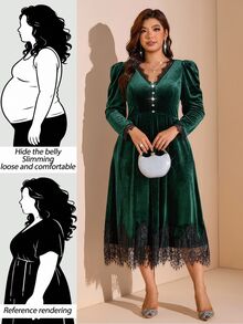 Comfylo Plus Size Women's Contrast Lace V-Neck Button Design Elegant Dress Fall - Dark Green - View 7
